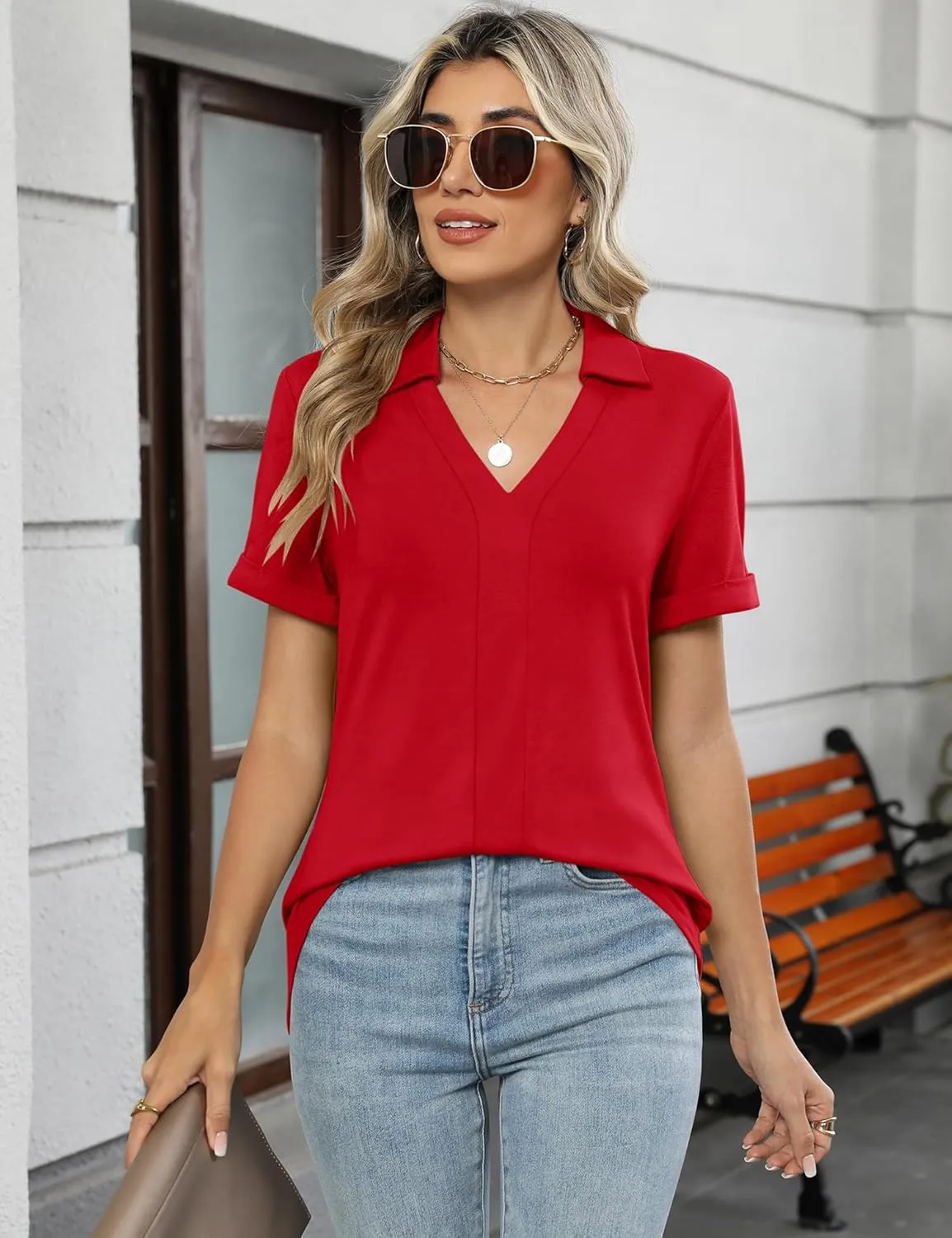Micoson Womens Polo Shirts Dressy V Neck Business Casual Tops Lapel Collar Short Sleeve Summer Shirts Loose Fit Work Blouses