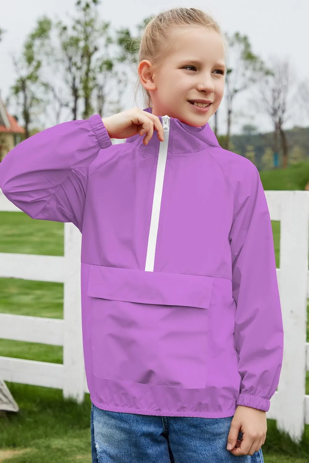 MODAFANS Girls Boys Rain Jacket Lightweight Waterproof Packable Hooded Half zip RainCoats Windbreaker for Outdoor 4-13Year