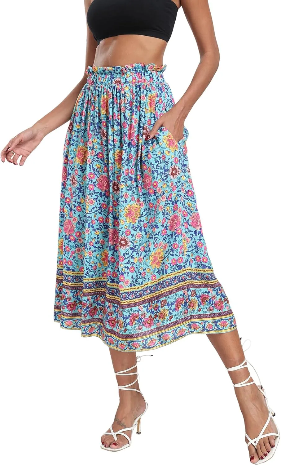 Naggoo Women's Skirts High Elastic Waisted Casual Skirt Pleated Floral/Solid Midi Skirts with Pockets