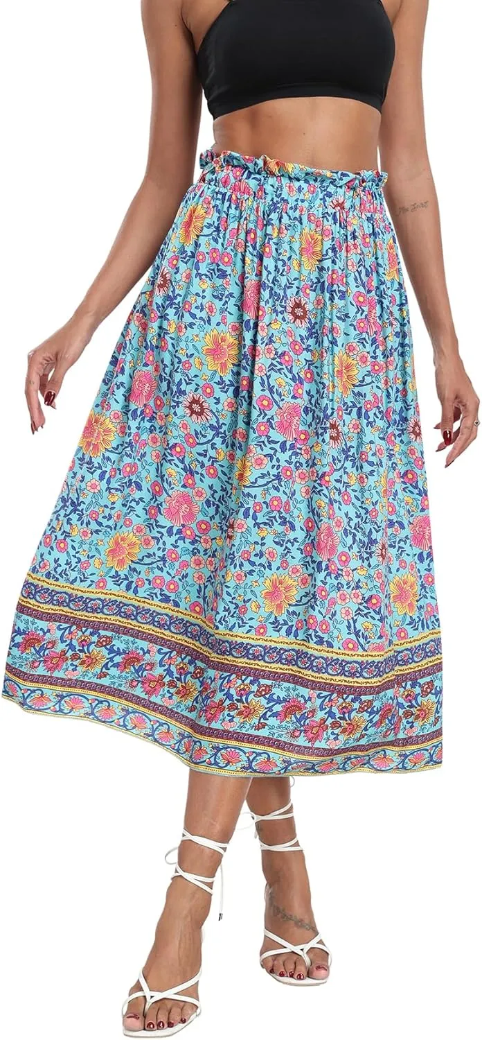Naggoo Women's Skirts High Elastic Waisted Casual Skirt Pleated Floral/Solid Midi Skirts with Pockets