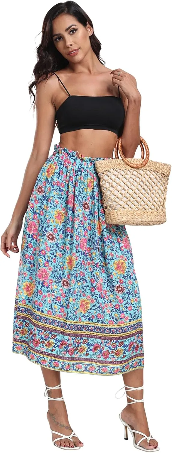 Naggoo Women's Skirts High Elastic Waisted Casual Skirt Pleated Floral/Solid Midi Skirts with Pockets