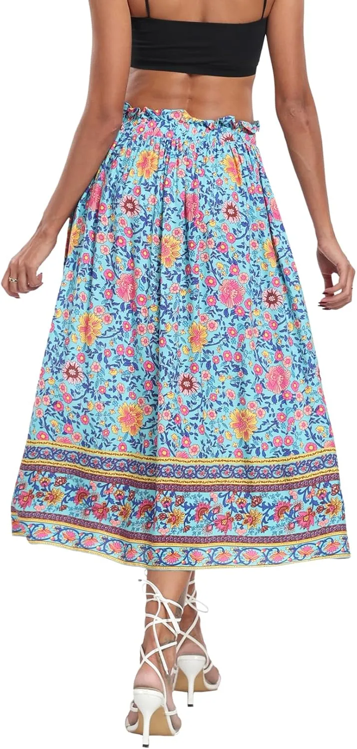Naggoo Women's Skirts High Elastic Waisted Casual Skirt Pleated Floral/Solid Midi Skirts with Pockets