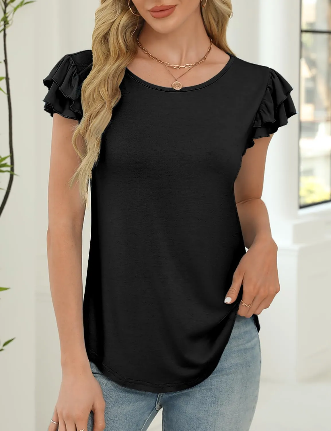 NORACORA Womens Ruffle Short Sleeve Summer Tops Cute Crew Neck Bacis T Shirts Casual Blouses