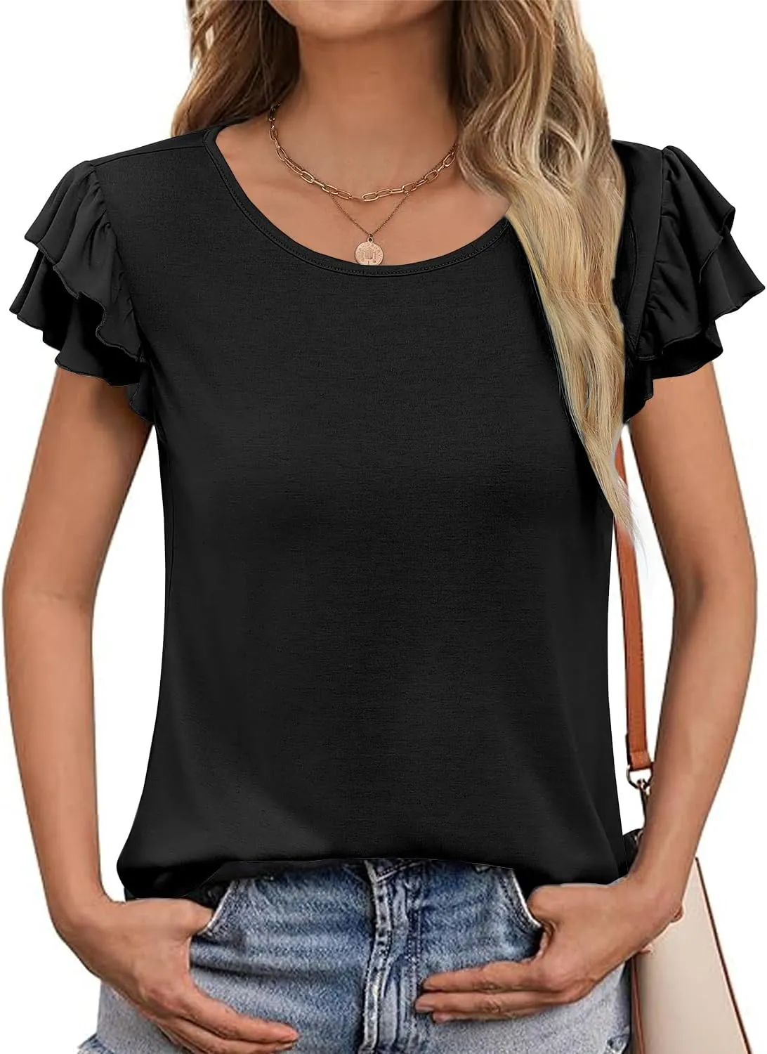 NORACORA Womens Ruffle Short Sleeve Summer Tops Cute Crew Neck Bacis T Shirts Casual Blouses