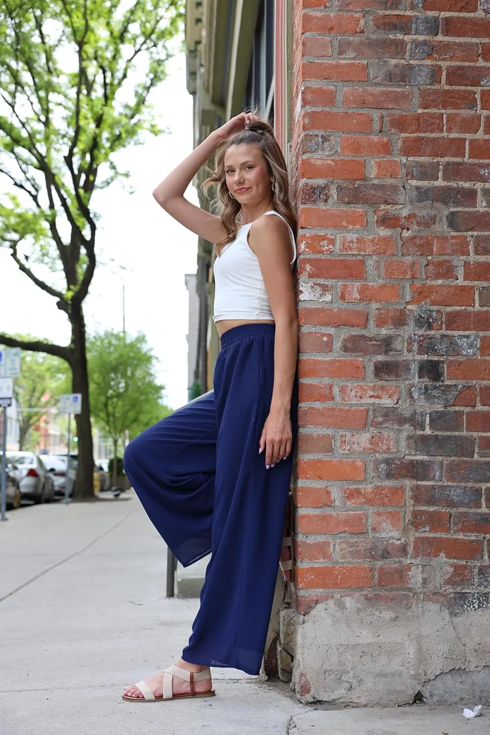 Palazzo Pants for Women Dressy Summer Casual Boho Chiffon Wide Leg Pants Elegant Flowy Beach Pants