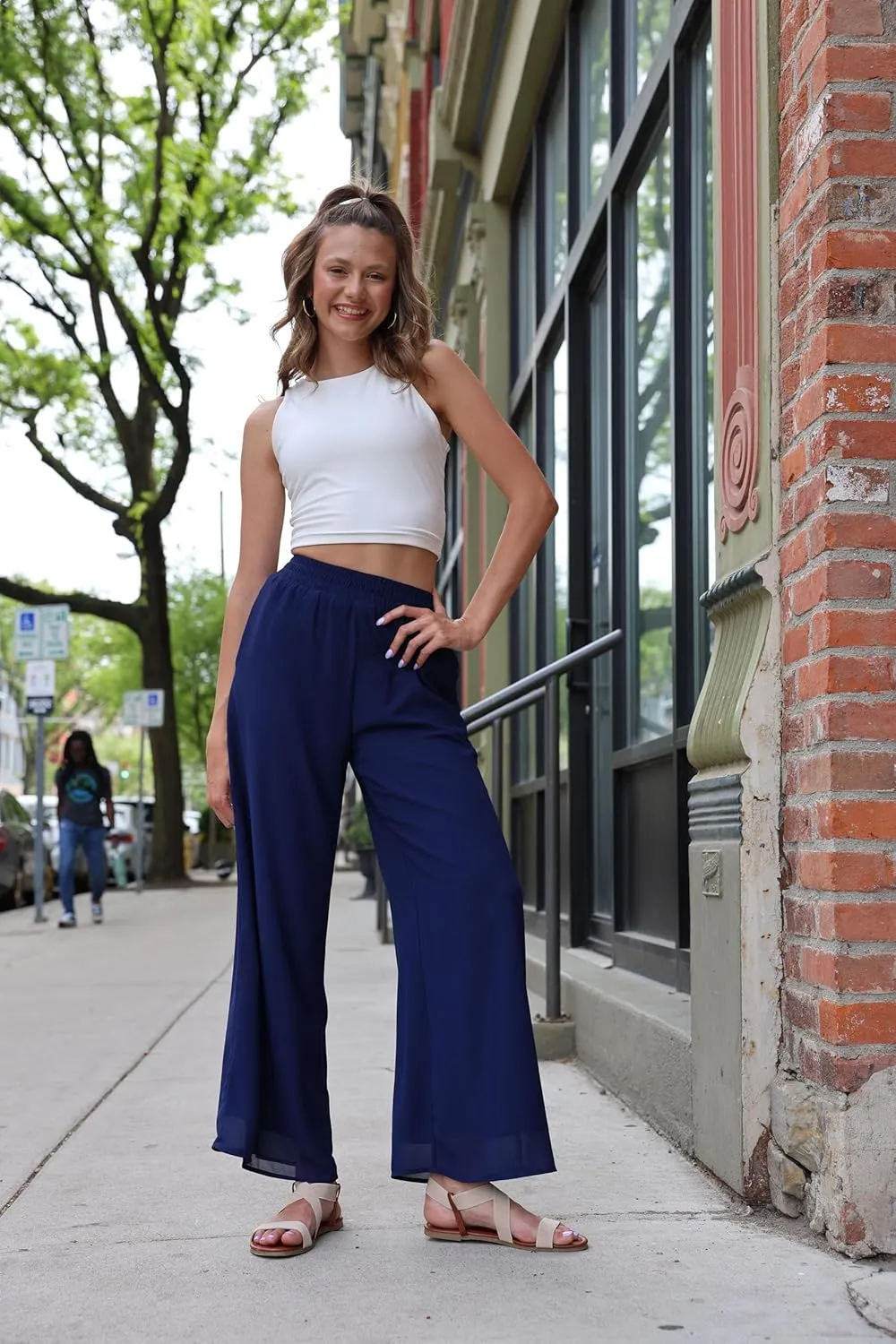 Palazzo Pants for Women Dressy Summer Casual Boho Chiffon Wide Leg Pants Elegant Flowy Beach Pants