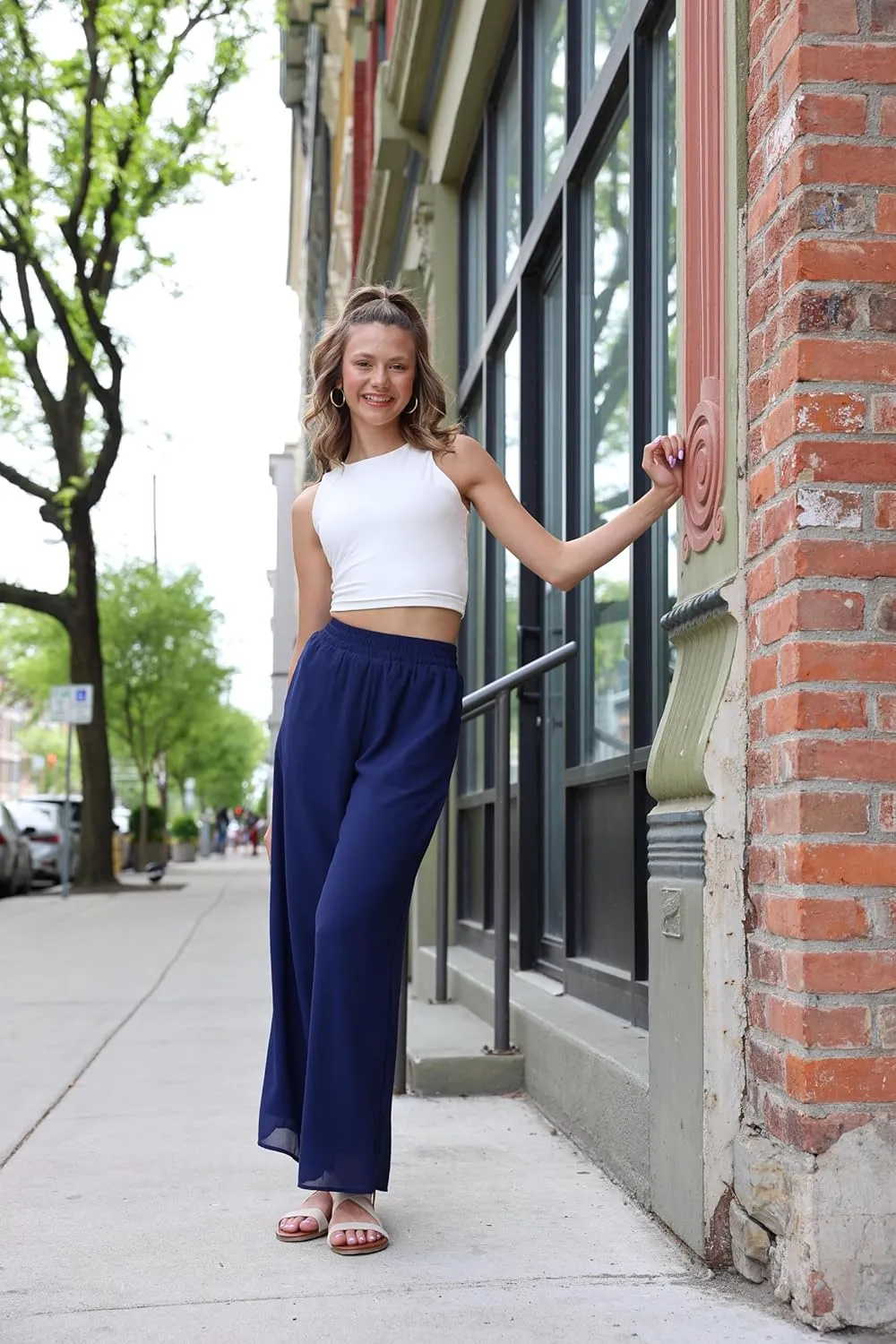 Palazzo Pants for Women Dressy Summer Casual Boho Chiffon Wide Leg Pants Elegant Flowy Beach Pants