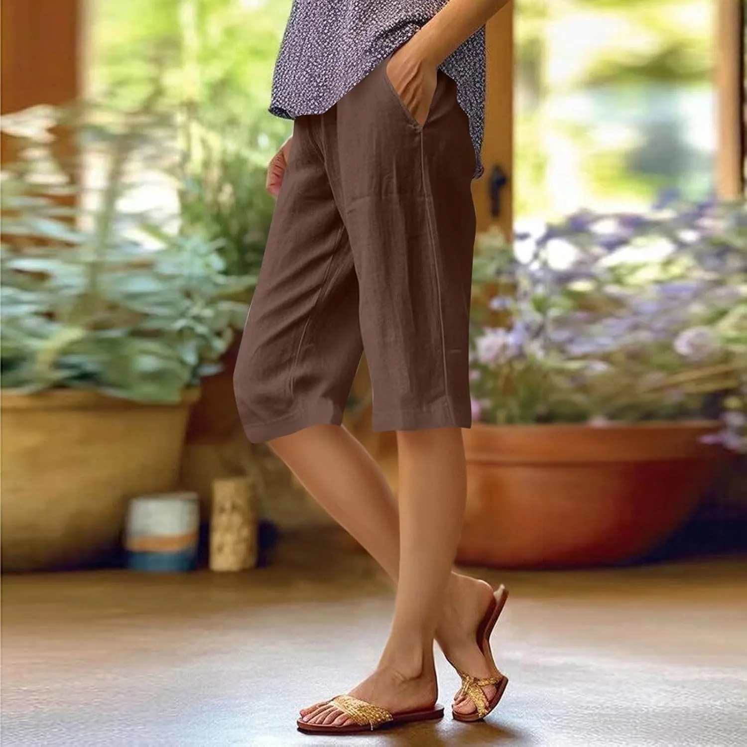 Pedal Pushers for Women Summer Pull On Bermuda Cotton Linen Shorts Knee Length Casual Beach Yoga Shorts with Pockets