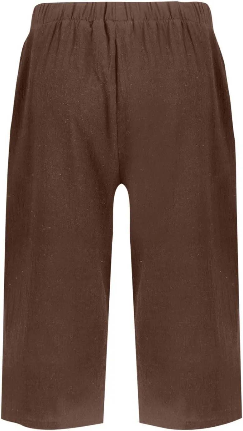 Pedal Pushers for Women Summer Pull On Bermuda Cotton Linen Shorts Knee Length Casual Beach Yoga Shorts with Pockets