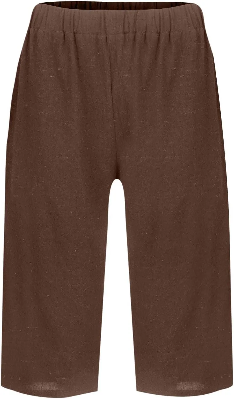 Pedal Pushers for Women Summer Pull On Bermuda Cotton Linen Shorts Knee Length Casual Beach Yoga Shorts with Pockets