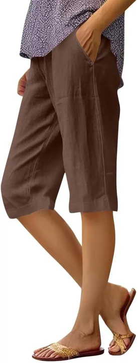 Pedal Pushers for Women Summer Pull On Bermuda Cotton Linen Shorts Knee Length Casual Beach Yoga Shorts with Pockets