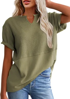 SHEWIN Womens Casual V Neck Waffle Knit Tops Short Sleeve T Shirts Loose Blouses
