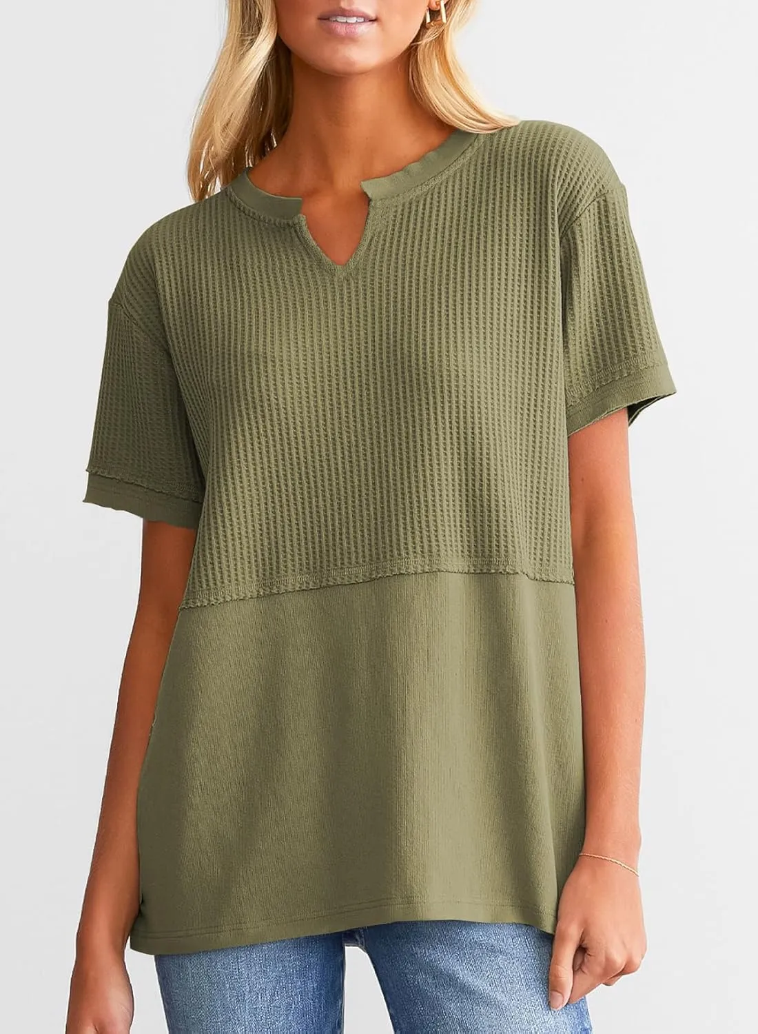 SHEWIN Womens Casual V Neck Waffle Knit Tops Short Sleeve T Shirts Loose Blouses