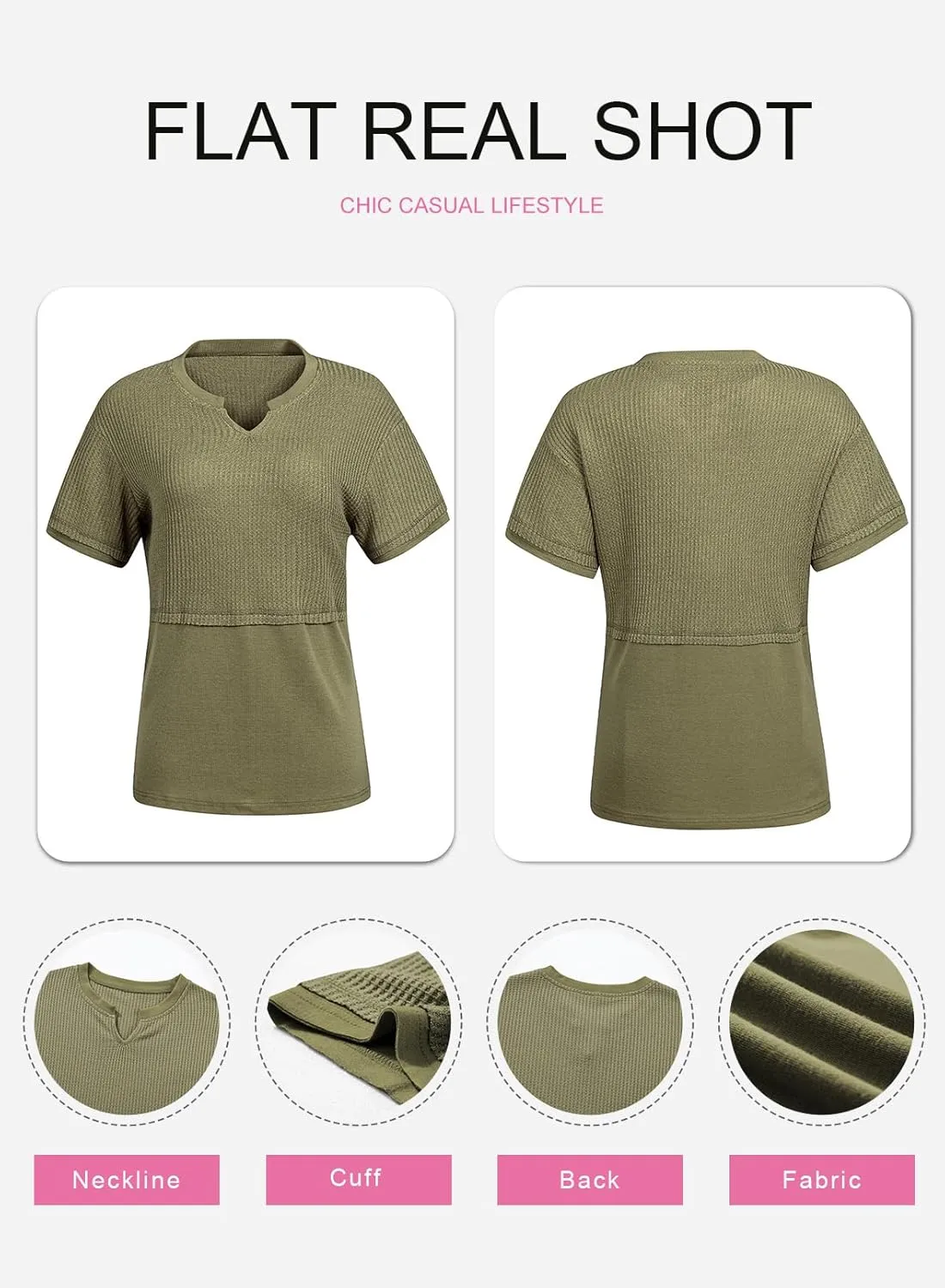 SHEWIN Womens Casual V Neck Waffle Knit Tops Short Sleeve T Shirts Loose Blouses