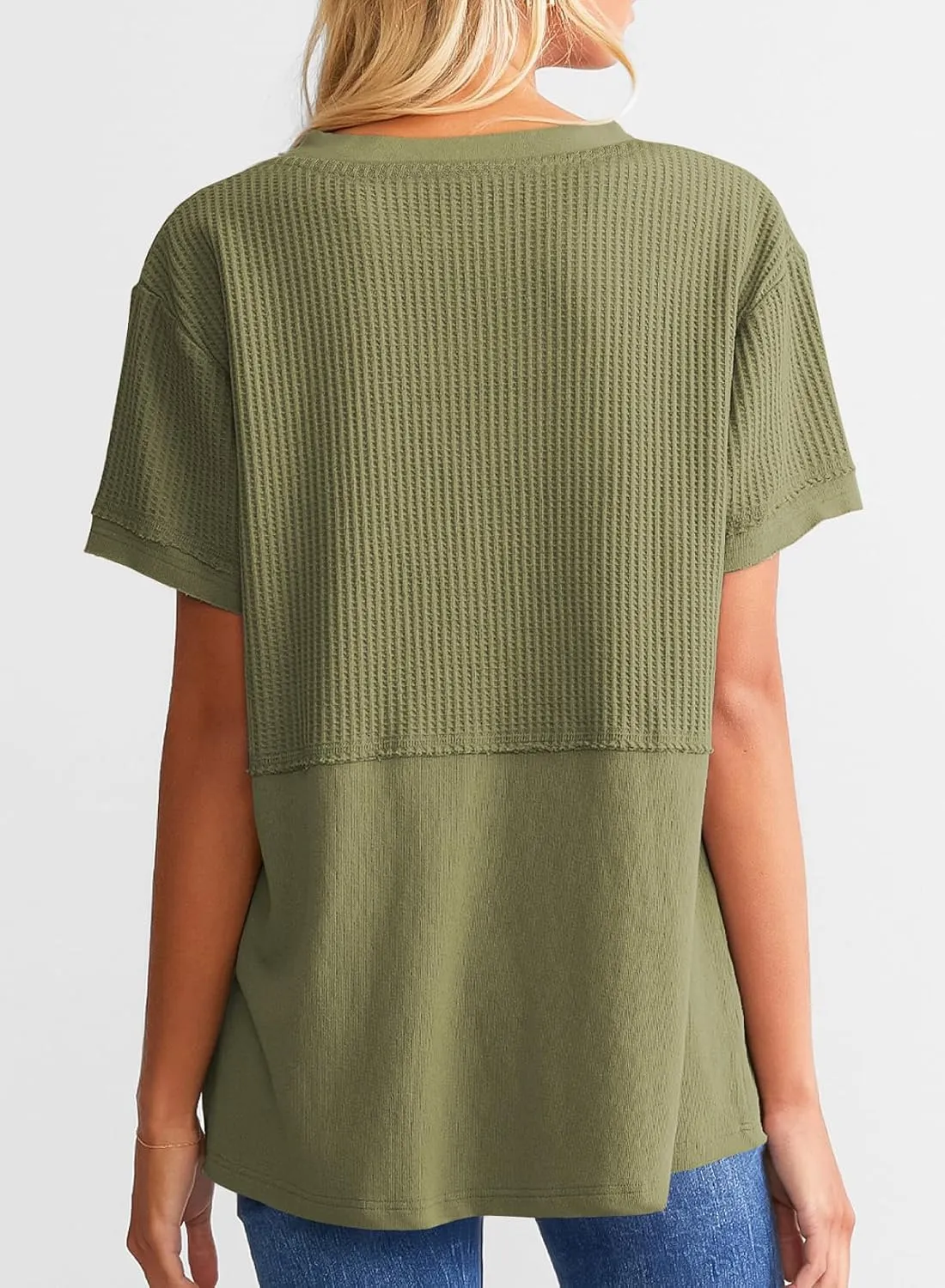 SHEWIN Womens Casual V Neck Waffle Knit Tops Short Sleeve T Shirts Loose Blouses
