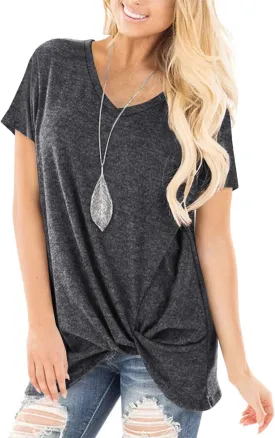 SHIBEVER Women's Tops Short Sleeve Twist Knotted T Shirts Summer Blouse Tunic Tops S-2XL