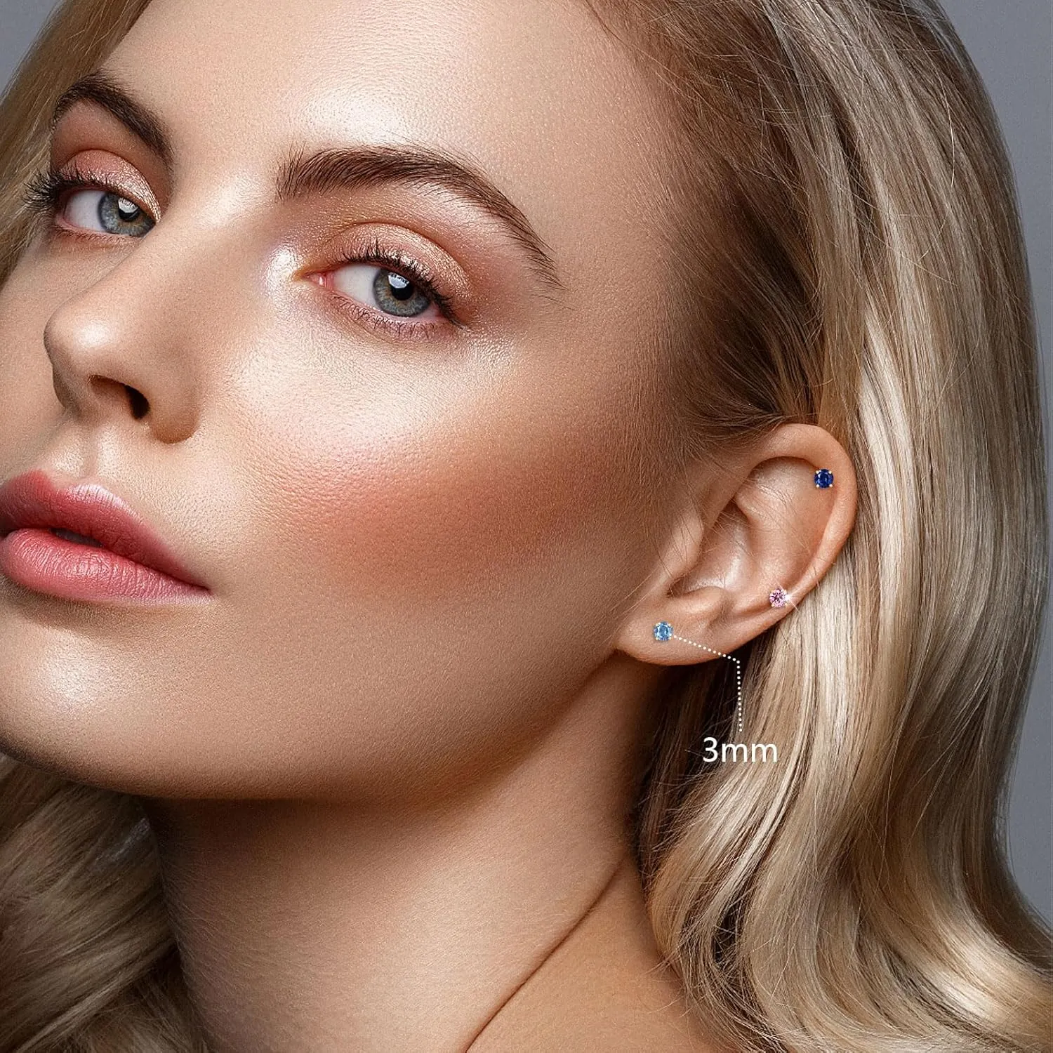 Small Gold Stud Flat Back Earrings for Women Girls, 14k Gold Plated Cubic Zirconia Screw Back Tiny Earrings, Hypoallergenic Flatback Dainty Cartilage Earring Jewelry Gifts for Teen Men(Aquamarine)