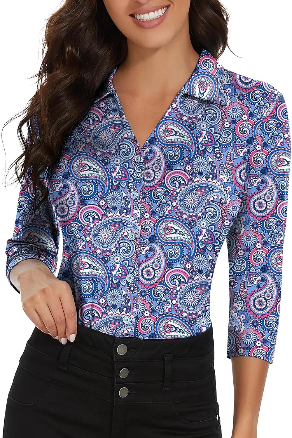 Soneven Womens 3/4 Sleeve Button Down Shirt V Neck Collared Polo Shirts Work Blouses
