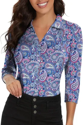 Soneven Womens 3/4 Sleeve Button Down Shirt V Neck Collared Polo Shirts Work Blouses