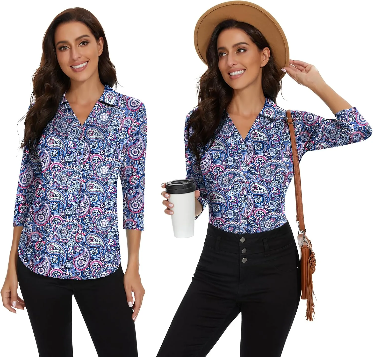 Soneven Womens 3/4 Sleeve Button Down Shirt V Neck Collared Polo Shirts Work Blouses