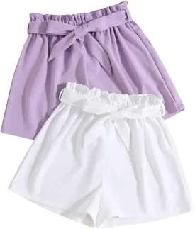SweatyRocks Girl's 2 Piece Wide Leg Belted Shorts Solid Paperbag Waist Shorts Pants