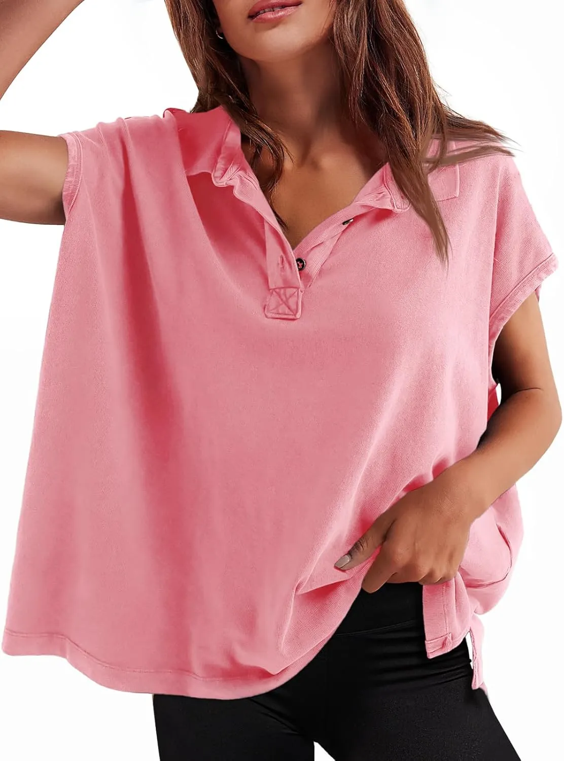 Tankaneo Womens Oversized Cap Sleeve Polo Shirts Summer Casual V Neck Tops Loose Fit Collared Cotton Tee Shirts