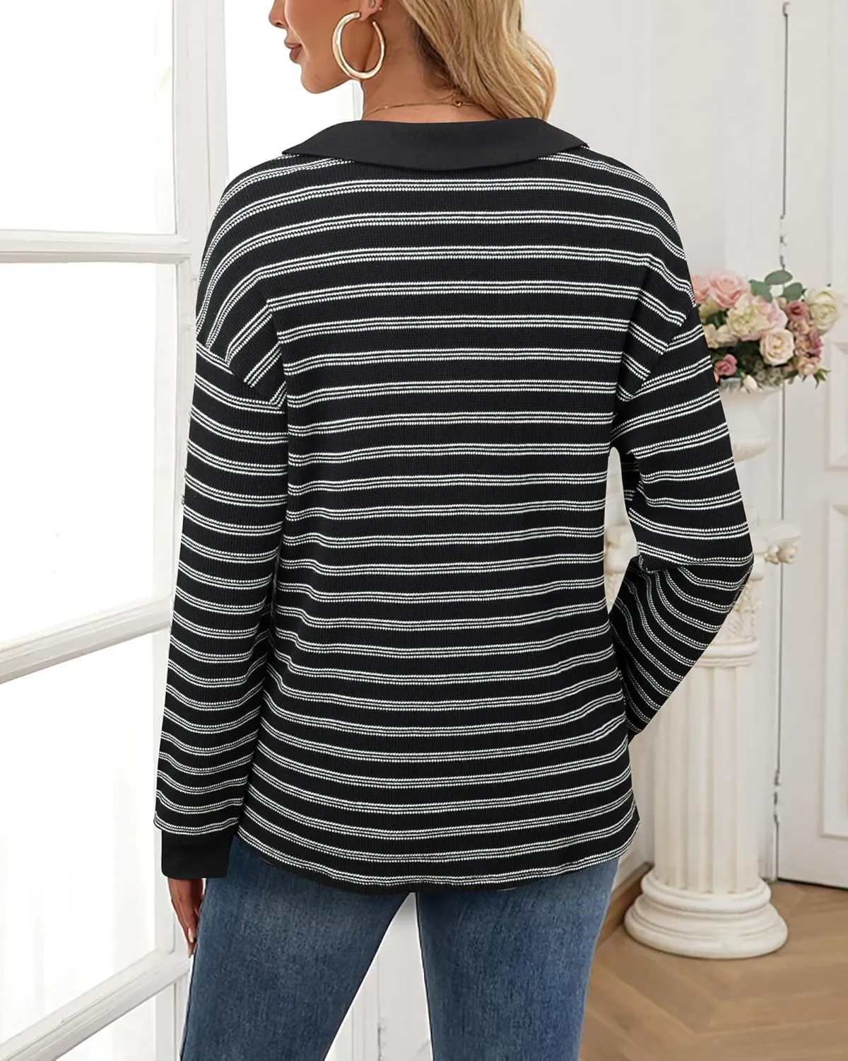 Vivilli Womens Waffle Knit Sweater Tops Long Sleeve Collared V Neck Striped Shirts Trendy Loose Fit Tunic Tops