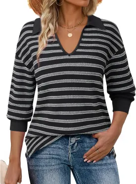 Vivilli Womens Waffle Knit Sweater Tops Long Sleeve Collared V Neck Striped Shirts Trendy Loose Fit Tunic Tops