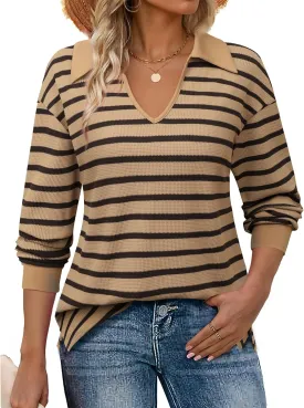 Vivilli Womens Waffle Knit Sweater Tops Long Sleeve Collared V Neck Striped Shirts Trendy Loose Fit Tunic Tops