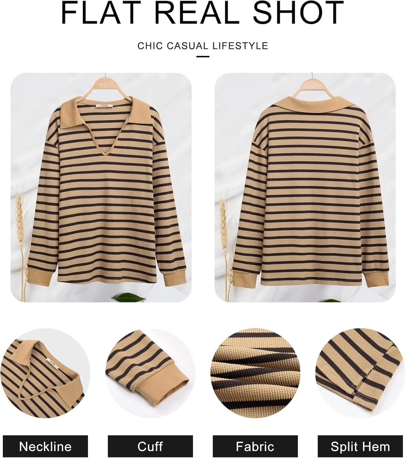 Vivilli Womens Waffle Knit Sweater Tops Long Sleeve Collared V Neck Striped Shirts Trendy Loose Fit Tunic Tops