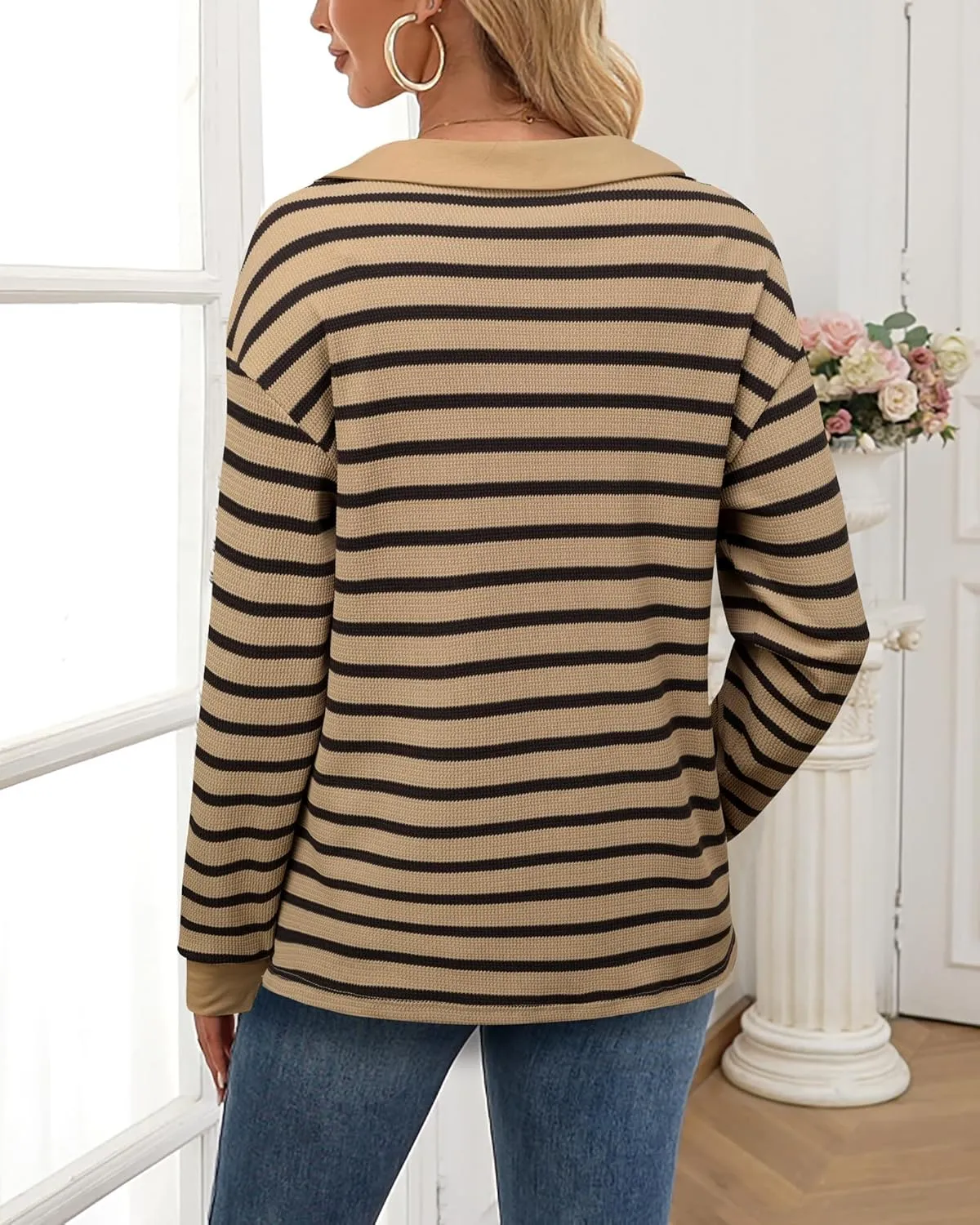 Vivilli Womens Waffle Knit Sweater Tops Long Sleeve Collared V Neck Striped Shirts Trendy Loose Fit Tunic Tops