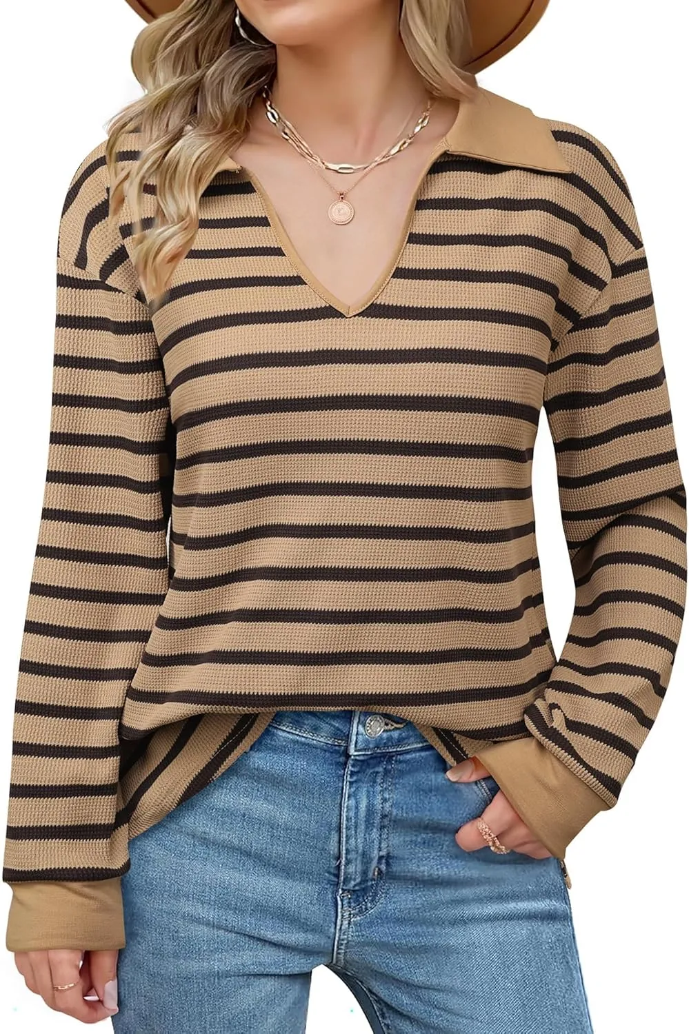 Vivilli Womens Waffle Knit Sweater Tops Long Sleeve Collared V Neck Striped Shirts Trendy Loose Fit Tunic Tops