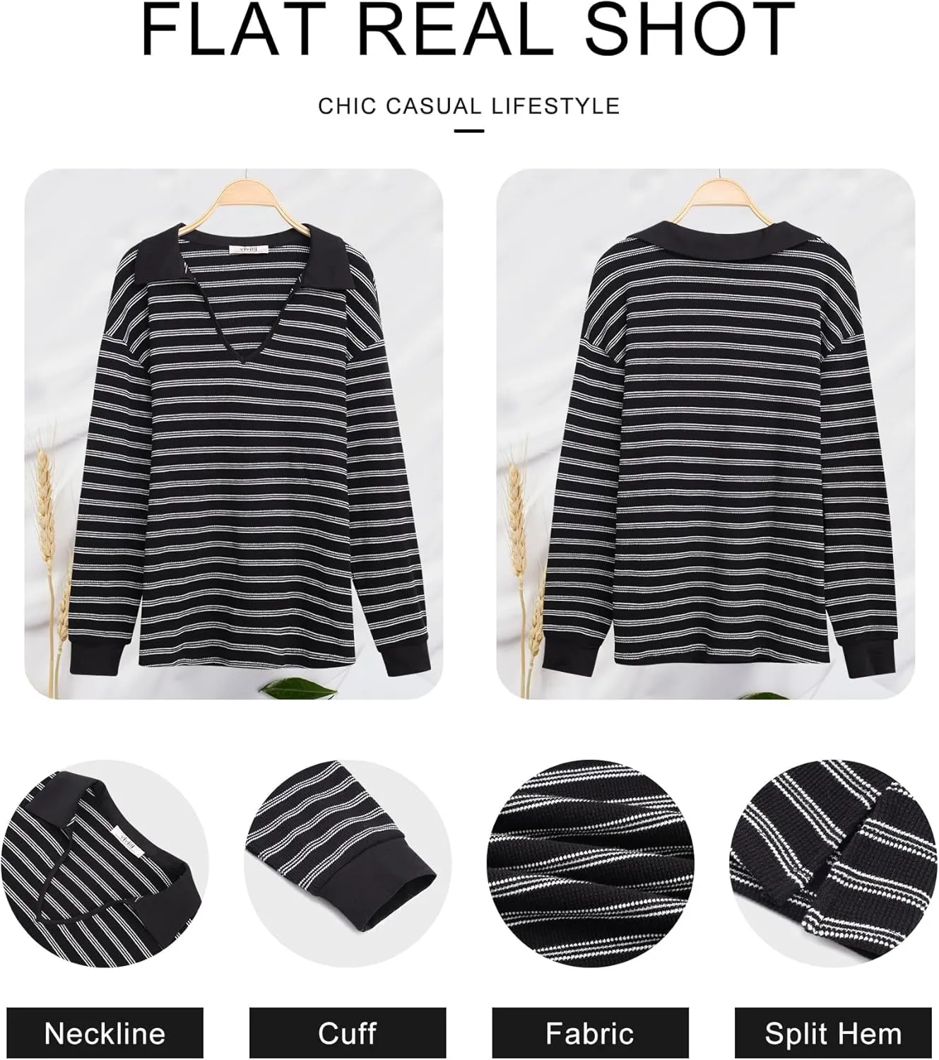 Vivilli Womens Waffle Knit Sweater Tops Long Sleeve Collared V Neck Striped Shirts Trendy Loose Fit Tunic Tops