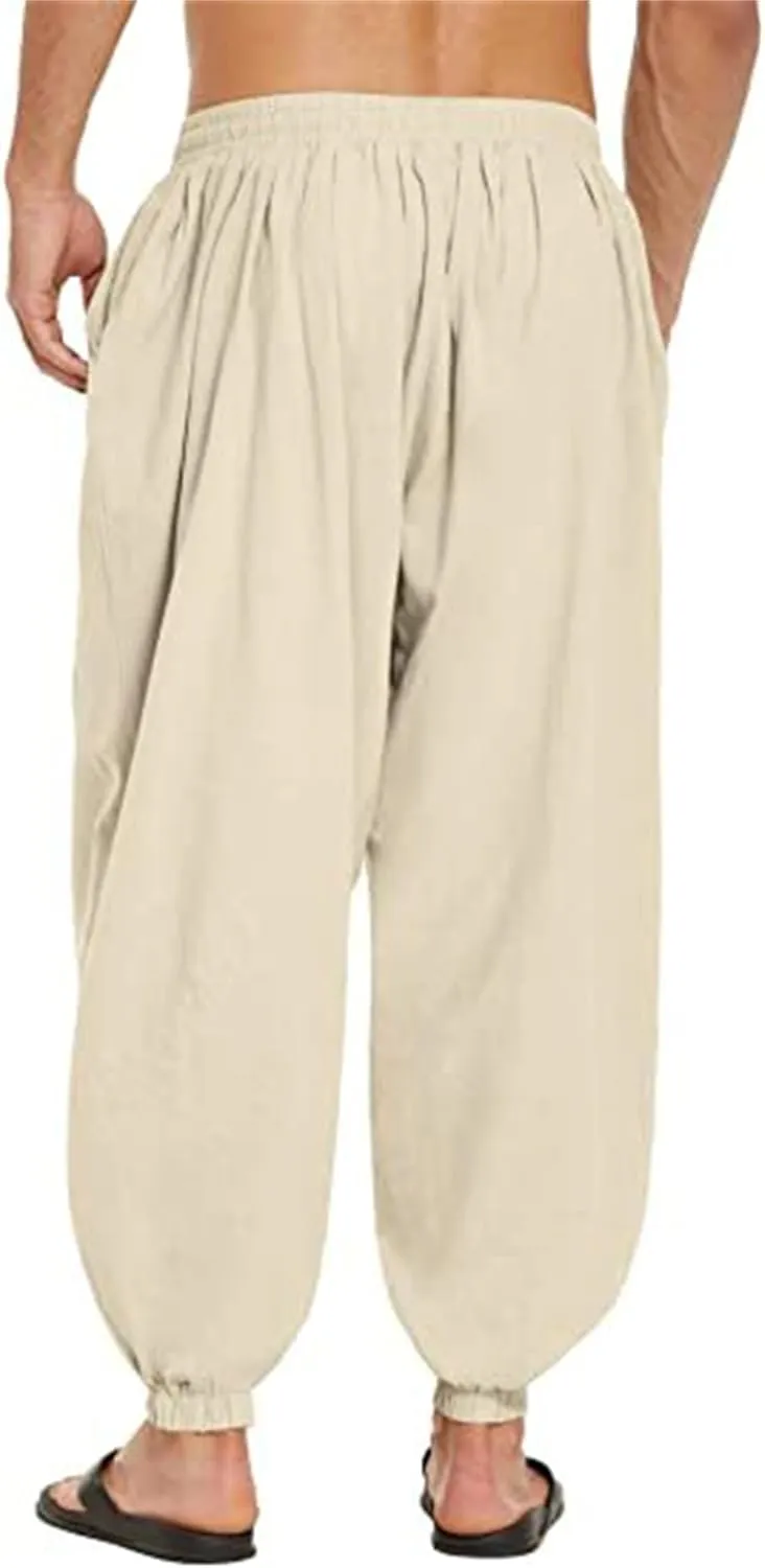 Wankang Men's Cotton Linen Harem Pants Drawstring Casual Bagge Trousers Lightweight Loose Beach Yoga Pants for Men