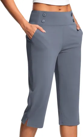Women Yoga Capri Pants with Pockets High Waist Stretch Capris Tummy Control Athletic Workout Jogger Cropped Trousers