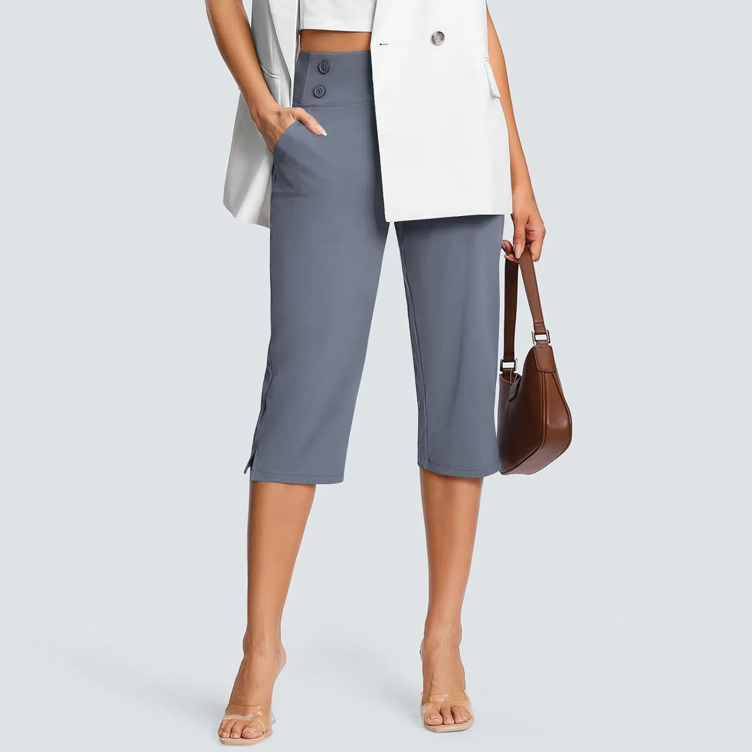 Women Yoga Capri Pants with Pockets High Waist Stretch Capris Tummy Control Athletic Workout Jogger Cropped Trousers