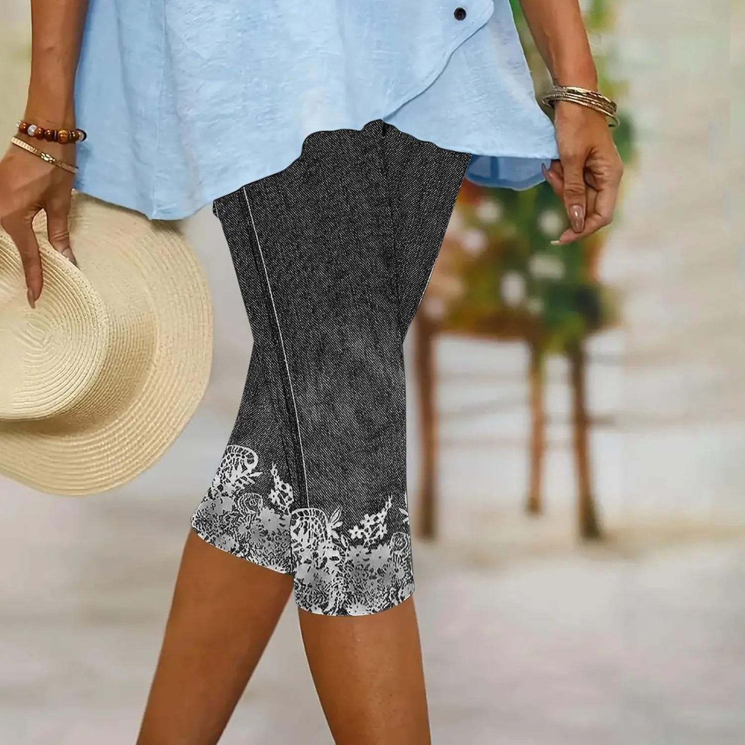 Womens Capri Leggings High Waisted Slim Fashion Floral Print Trousers Knee Length Comfy Stretch Yoga Cropped Pants