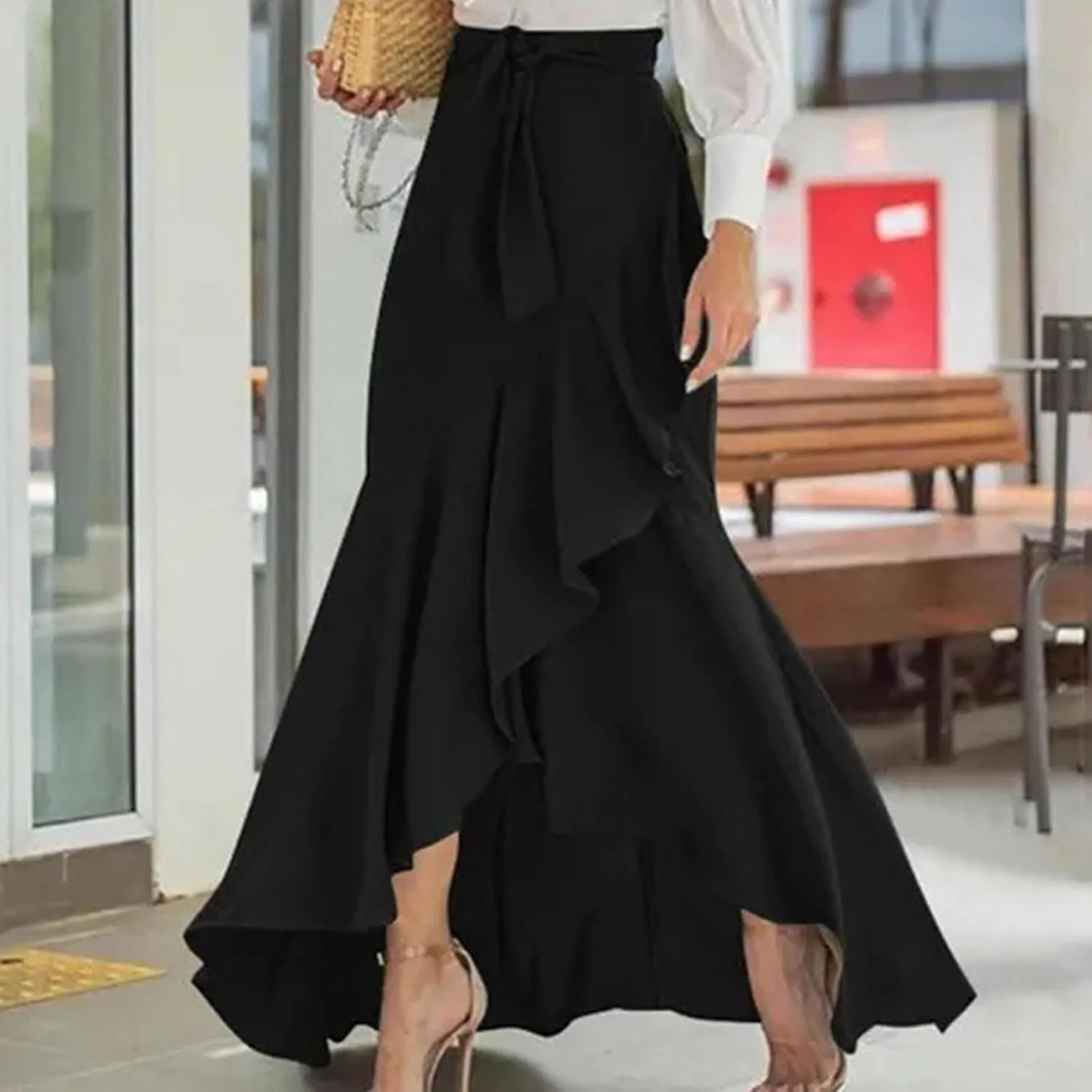 Womens Casual Mermaid Maxi Wrap Skirt A-Line Irregular Ruffle Hem Fishtail Long Skirts Elastic Tie Waist Work Clothes