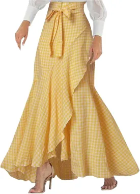 Womens Casual Mermaid Maxi Wrap Skirt A-Line Irregular Ruffle Hem Fishtail Long Skirts Elastic Tie Waist Work Clothes