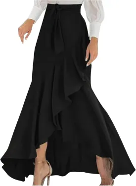 Womens Casual Mermaid Maxi Wrap Skirt A-Line Irregular Ruffle Hem Fishtail Long Skirts Elastic Tie Waist Work Clothes