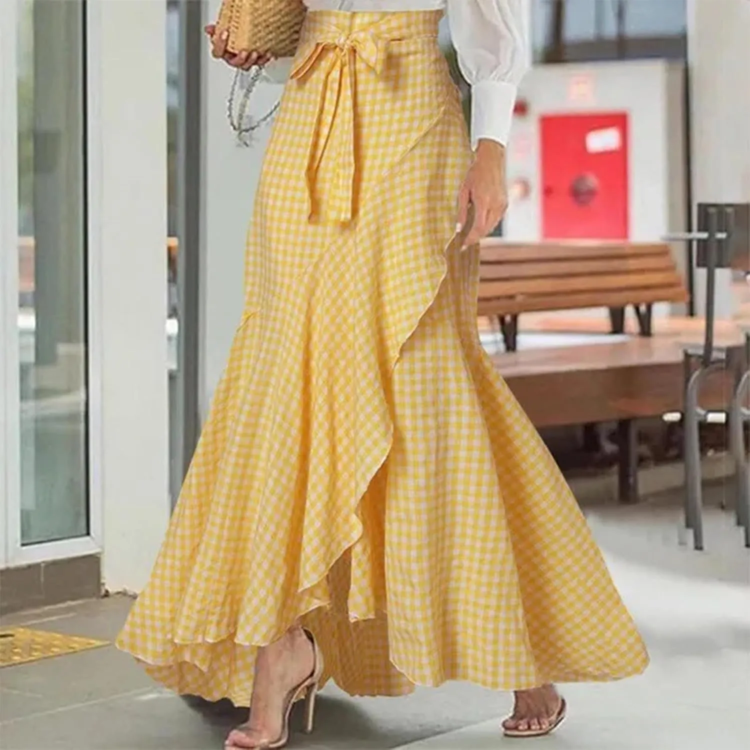 Womens Casual Mermaid Maxi Wrap Skirt A-Line Irregular Ruffle Hem Fishtail Long Skirts Elastic Tie Waist Work Clothes