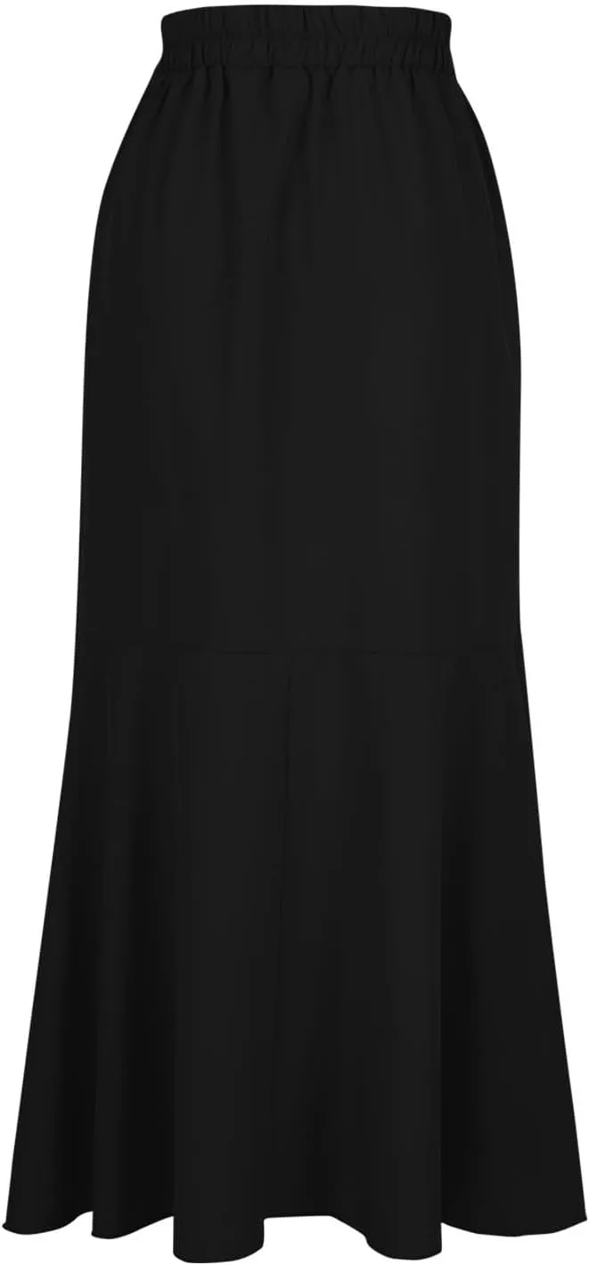 Womens Casual Mermaid Maxi Wrap Skirt A-Line Irregular Ruffle Hem Fishtail Long Skirts Elastic Tie Waist Work Clothes