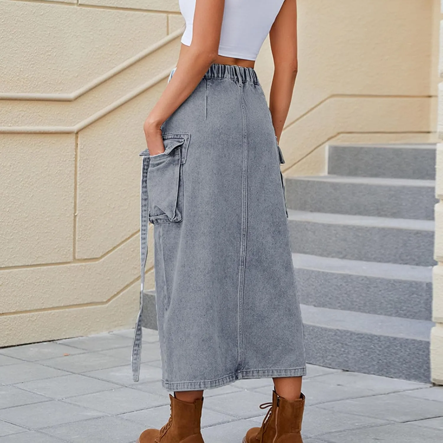 Womens Denim Cargo Skirts Slim Fit Calf Length Back Slit Jean Elastic High Waist Pencil Skirt Flap Pockets Streetwear