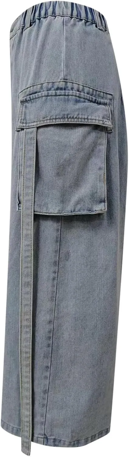Womens Denim Cargo Skirts Slim Fit Calf Length Back Slit Jean Elastic High Waist Pencil Skirt Flap Pockets Streetwear