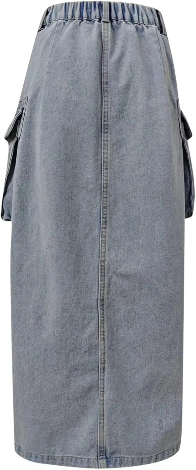 Womens Denim Cargo Skirts Slim Fit Calf Length Back Slit Jean Elastic High Waist Pencil Skirt Flap Pockets Streetwear