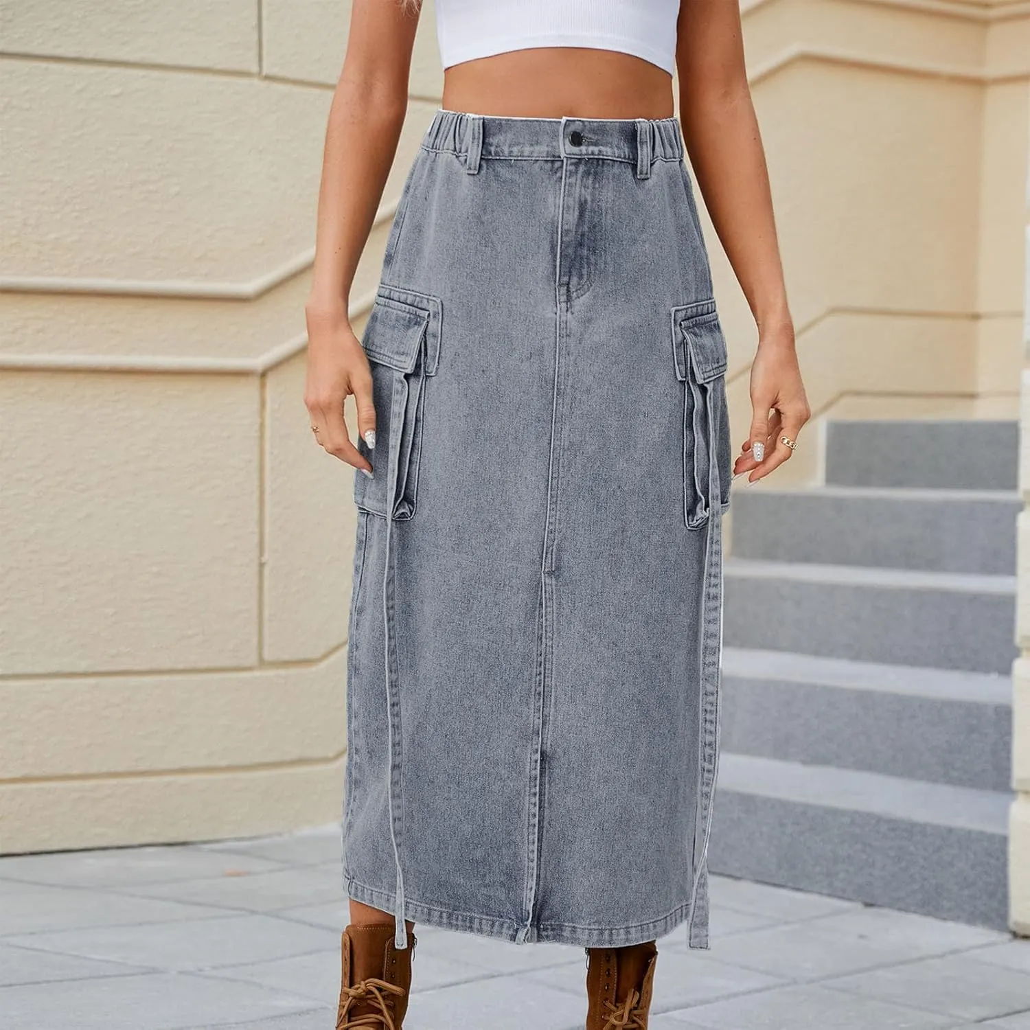 Womens Denim Cargo Skirts Slim Fit Calf Length Back Slit Jean Elastic High Waist Pencil Skirt Flap Pockets Streetwear