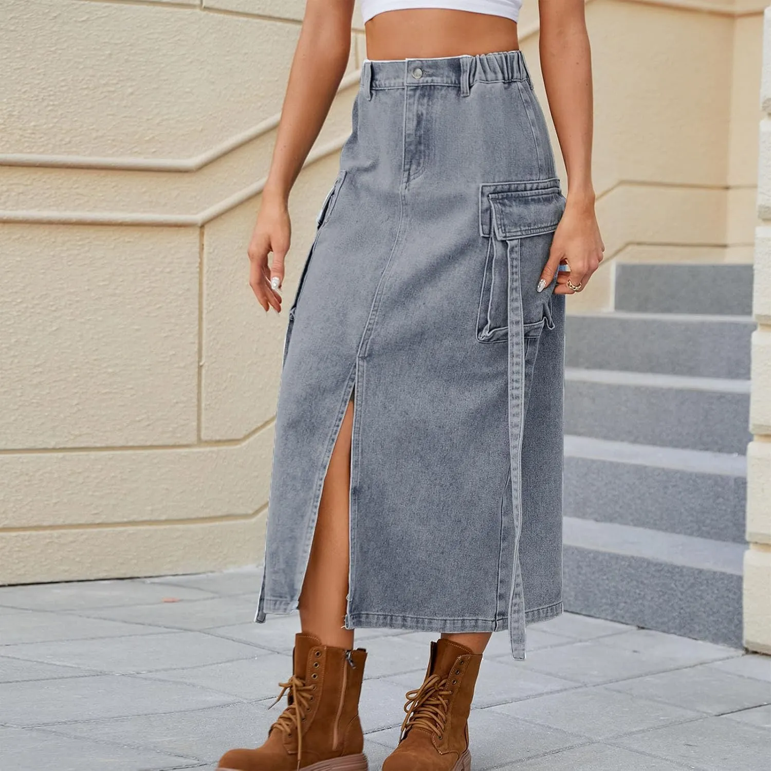 Womens Denim Cargo Skirts Slim Fit Calf Length Back Slit Jean Elastic High Waist Pencil Skirt Flap Pockets Streetwear