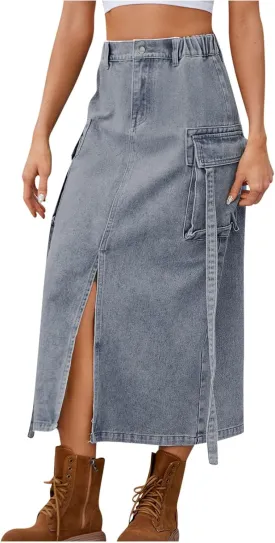 Womens Denim Cargo Skirts Slim Fit Calf Length Back Slit Jean Elastic High Waist Pencil Skirt Flap Pockets Streetwear