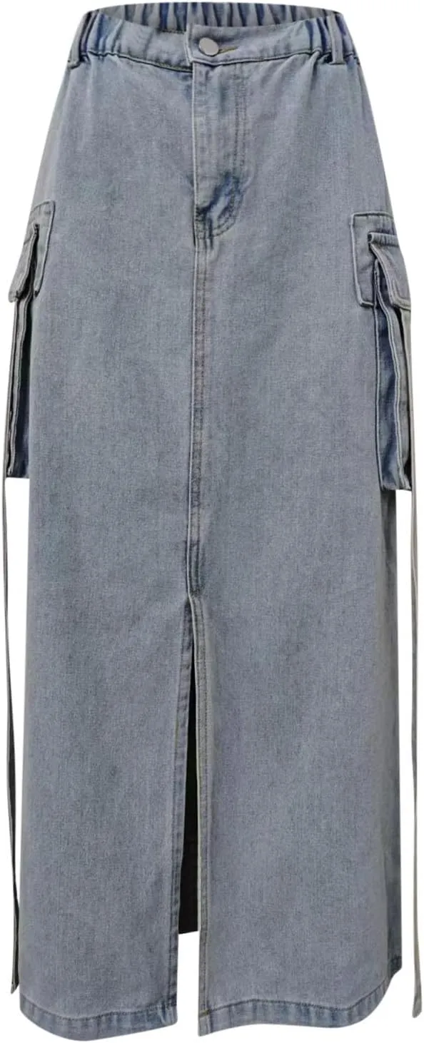Womens Denim Cargo Skirts Slim Fit Calf Length Back Slit Jean Elastic High Waist Pencil Skirt Flap Pockets Streetwear