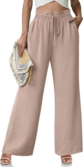Women's High Waisted Wide Leg Pants Flowy Palazzo Pants Work Casual Tie Knot Pants with Pockets